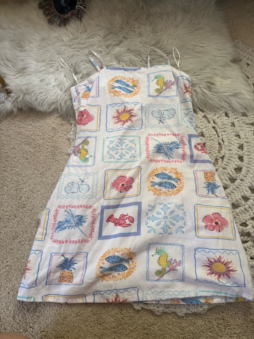 Japna Linen Blend Mediterranean Print Sundress L Spaghetti Strap